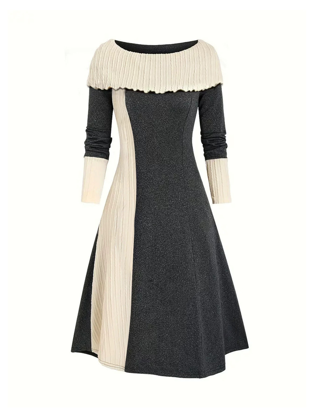 Forever 21 Elegant Round-Neck Knit Colorblock Dress Long-Sleeve Slim-Fit Swing